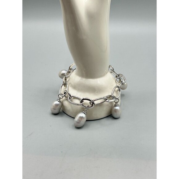 Vintage Silver Tone Chain Bracelet with Genuine Pearl Charms Link Bracelet - Picture 5 of 6